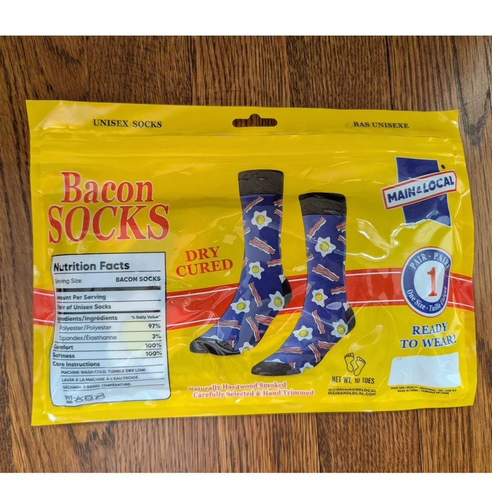 NEW‎ Main & Local Bacon Socks Blue Eggs Breakfast Food Novelty Unisex One Size